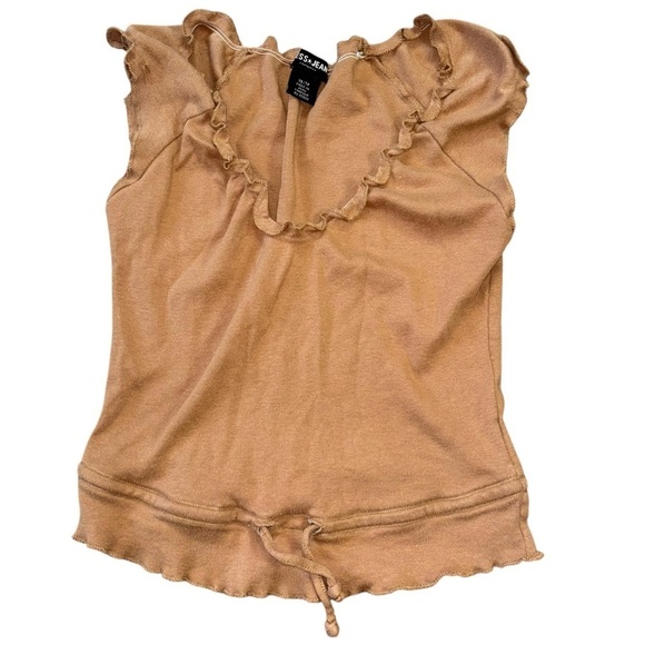 Guess Jeans Tan Lettuce Trim Sleeveless Blouse Women’s XS Draw String Waist Y2K - Picture 3 of 12